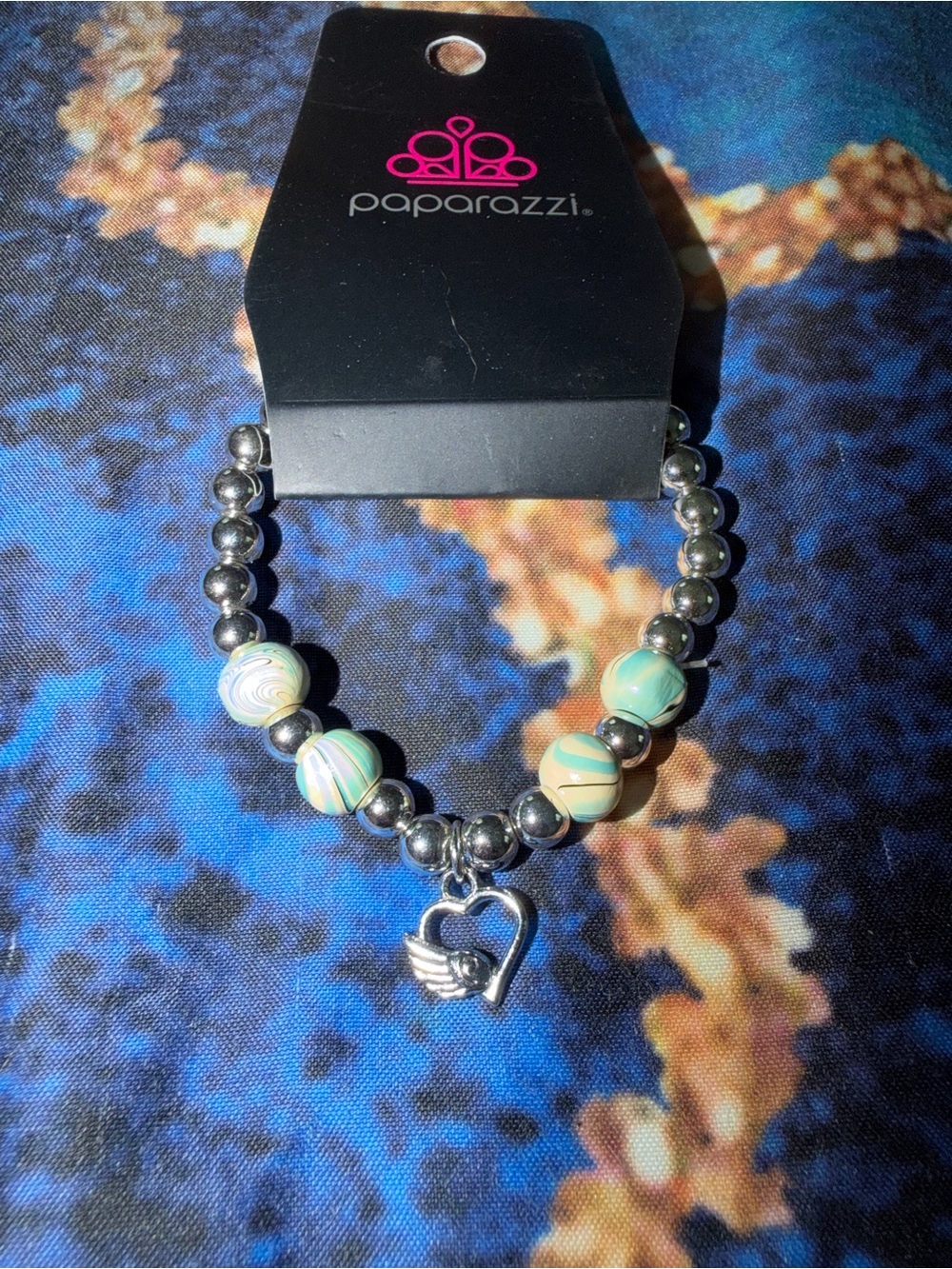 Paparazzi Silver-Tone Beaded Bracelet with Mint Swirl Beads and Heart Wing Charm